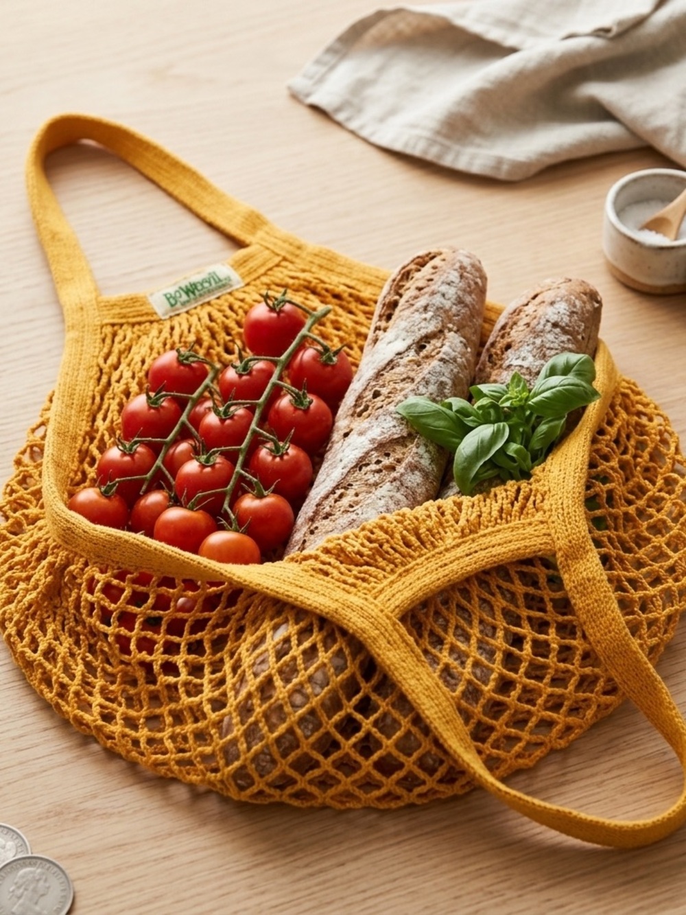Bo Weevil Organic Cotton Net Bag - Golden Yellow French Market Shopper Tote